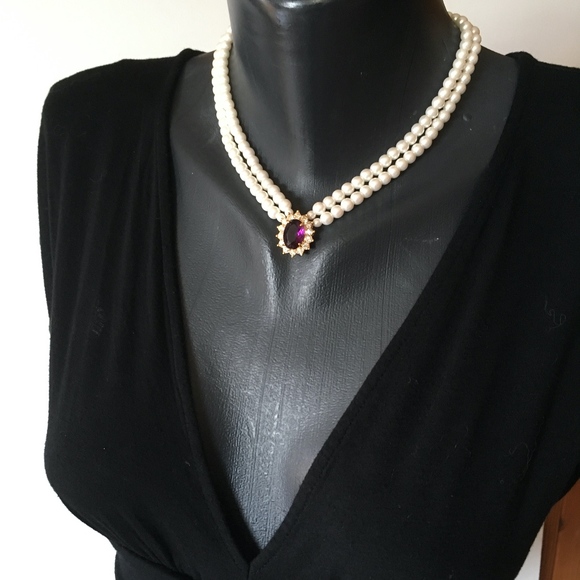 Vintage Jewelry - Vintage Double Pearl necklace w/ Amethyst & CZ